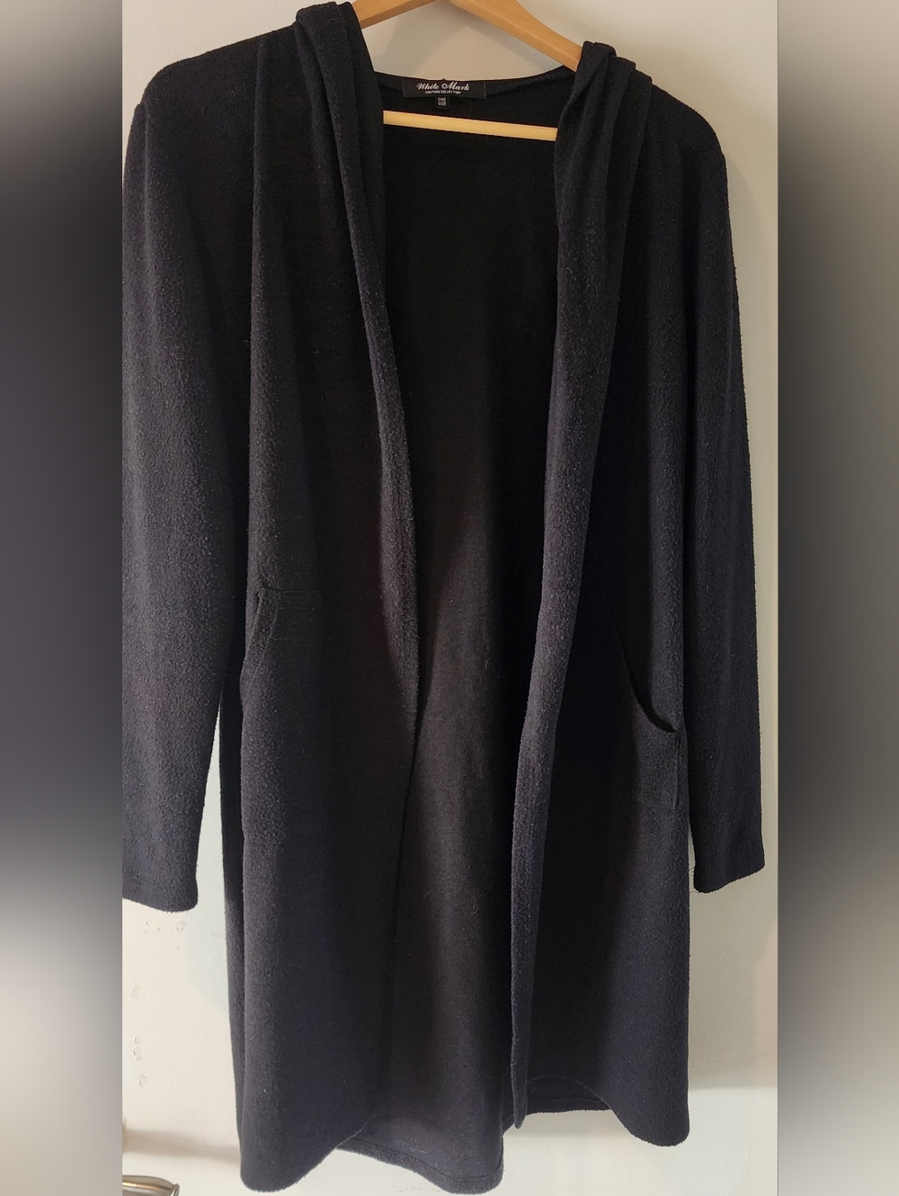 White Mark Black Hooded Open-Front Cardigan